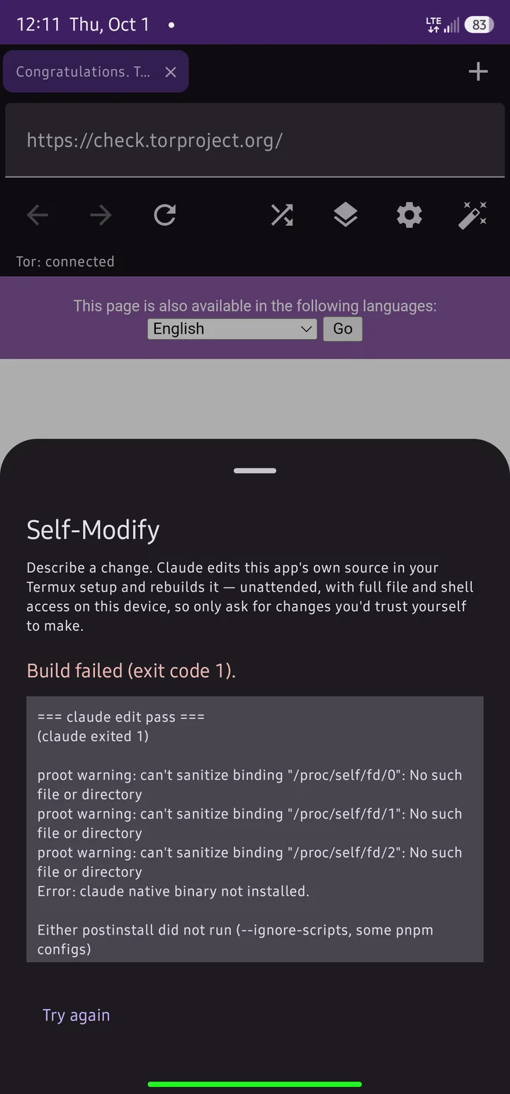 Anon Browser connected to Tor, with its Self-Modify panel showing a failed Claude build and proot warnings