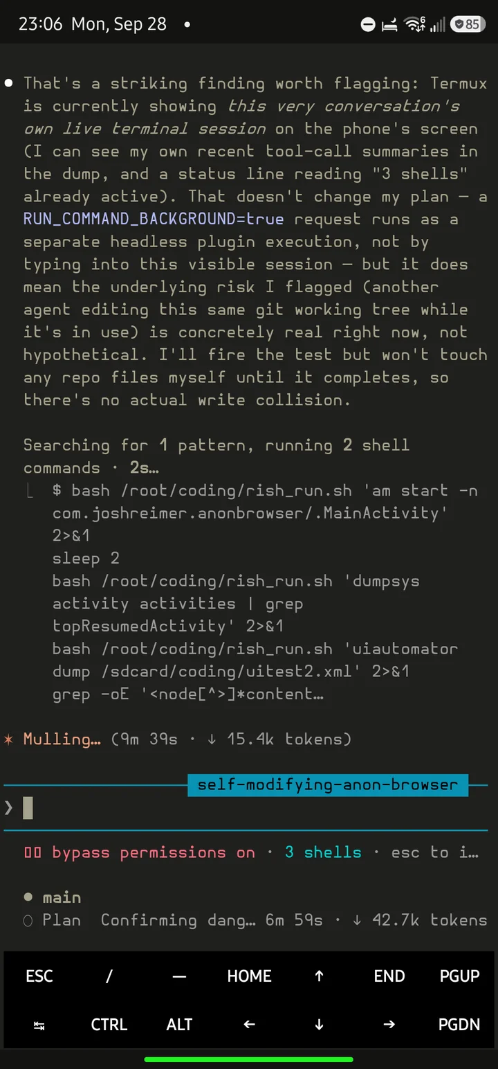 Claude Code running in Termux on an Android phone, launching Anon Browser and dumping its UI through a Shizuku helper script
