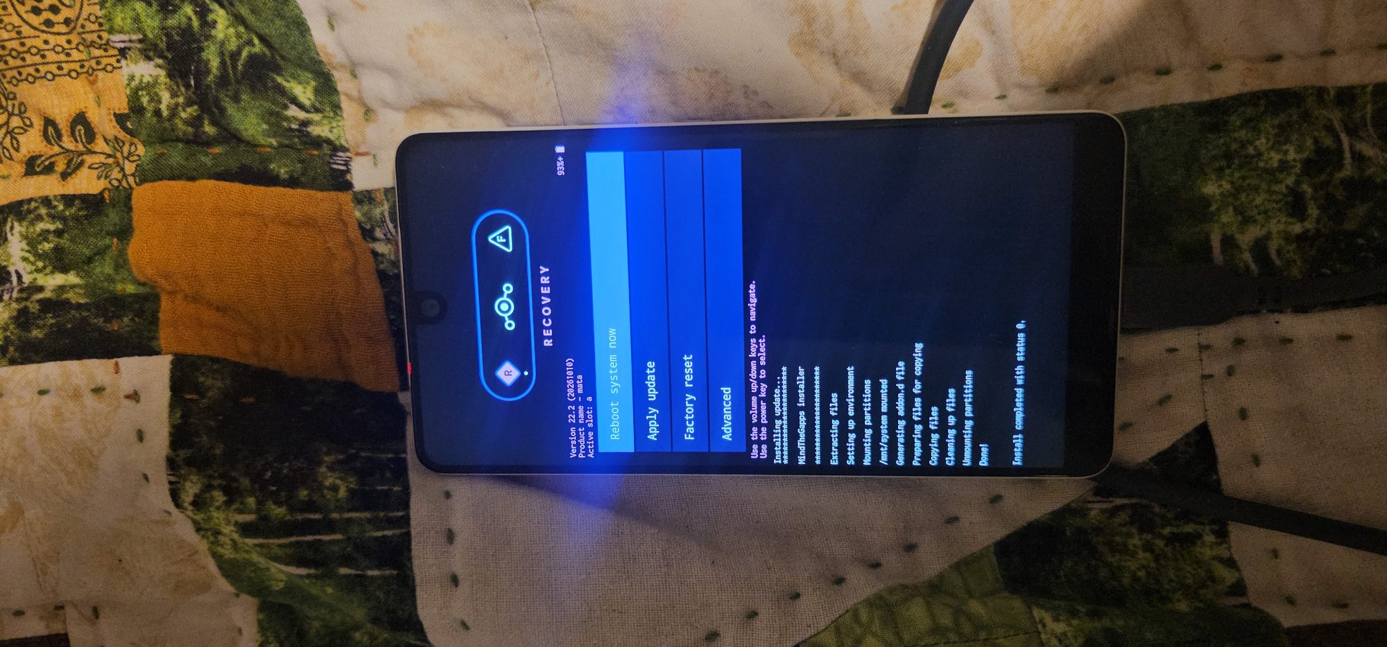 Lineage Recovery menu with "Reboot system now" highlighted and the log ending in "Install completed with status 0"