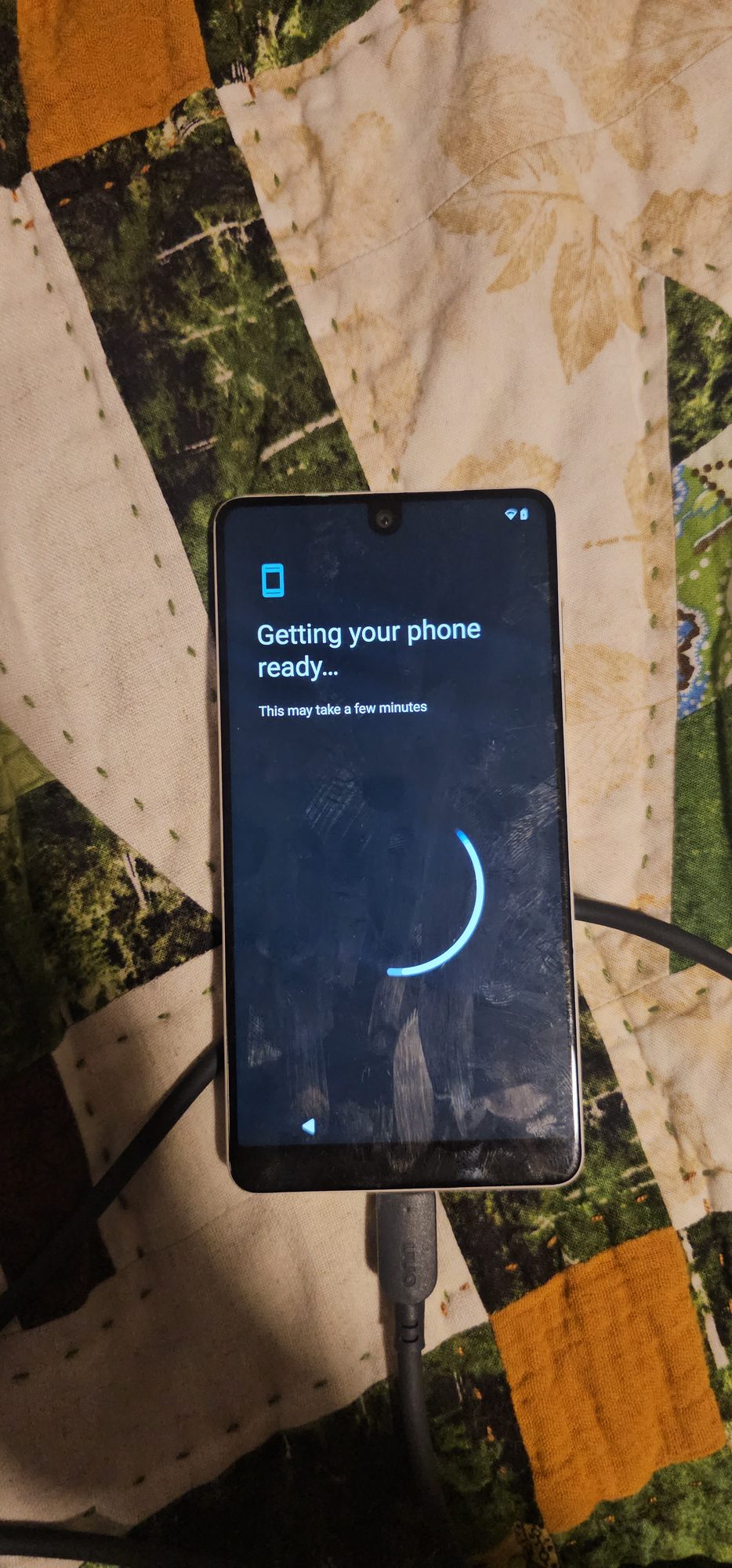 The setup wizard's "Getting your phone ready" screen on the Essential Phone